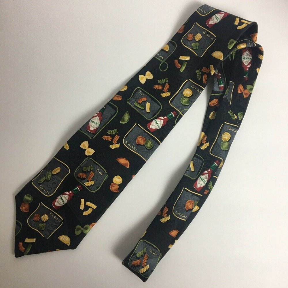 100% Silk Tie, Tabasco Sauce Bottles And Pasta